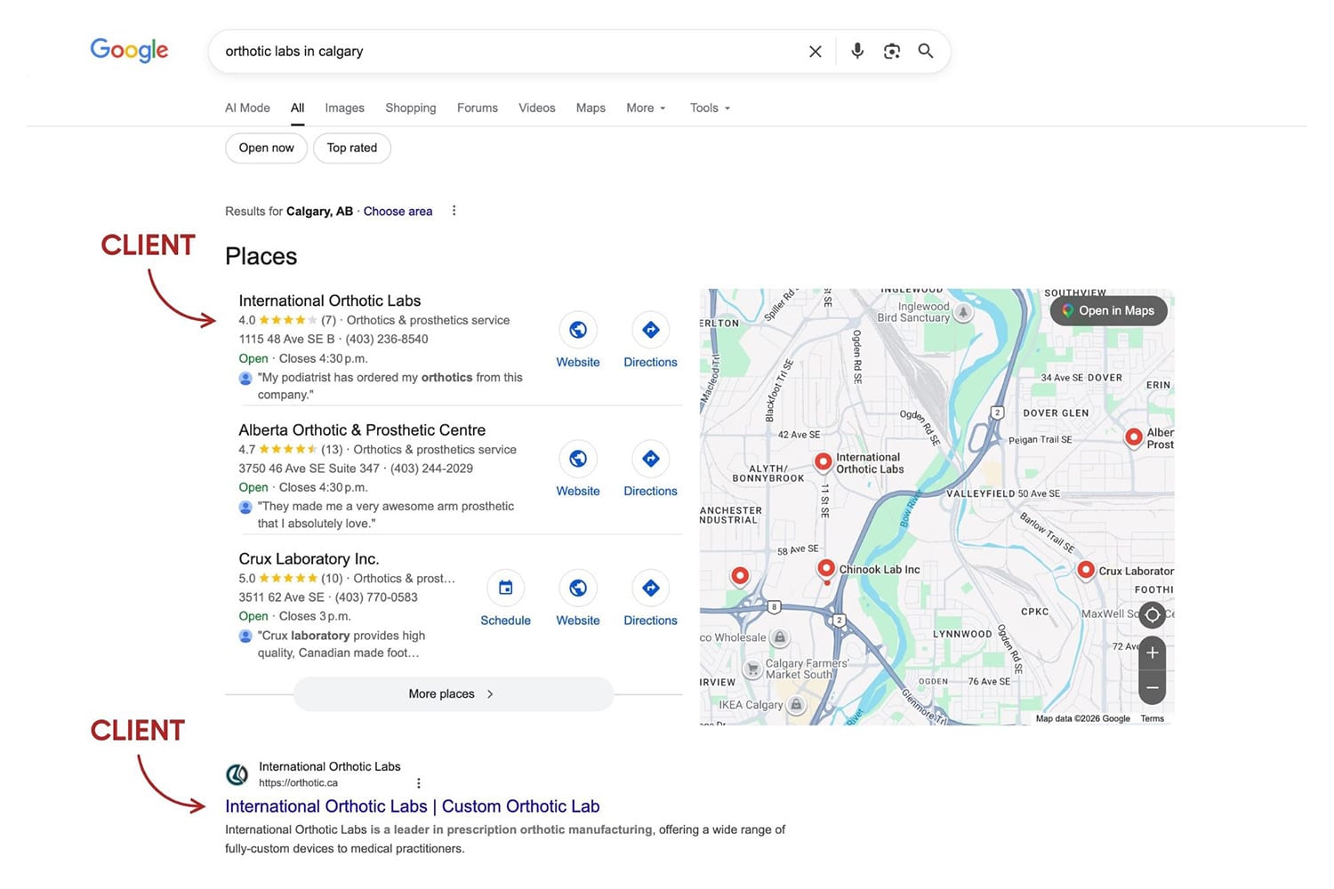 Screenshot of International Orthotic Labs ranking #1 in the Google Map pack and the #1 organic result for the query "orthotic labs in calgary"