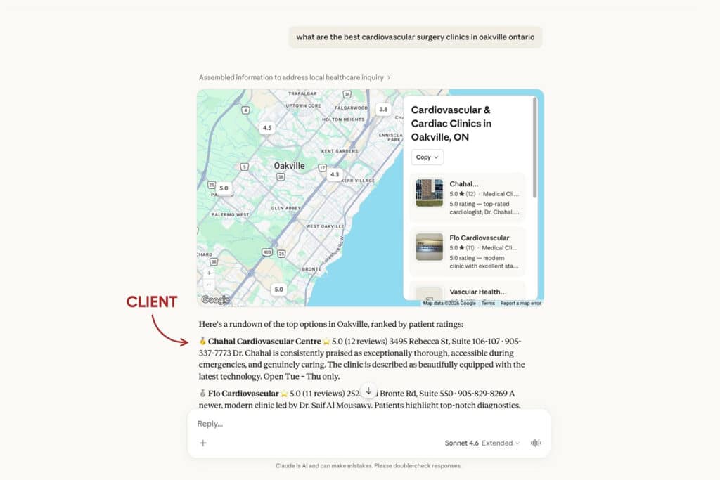 Screenshot of Chahal Cardiovascular Centre ranking #1 on Claude for the prompt "what are the best cardiovascular surgery clinics in oakville ontario"