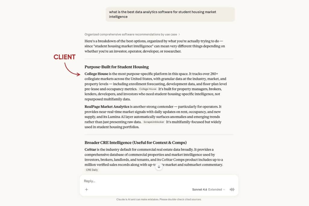 Screenshot of College House ranking #1 on Claude for the prompt "what is the best data analytics software for student housing market intelligence"