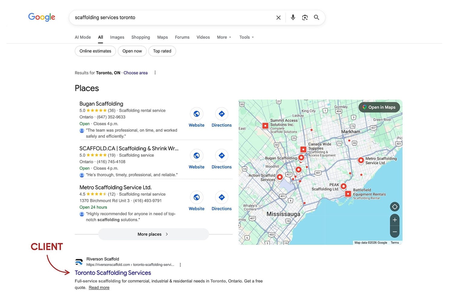 Screenshot of Riverson Scaffold ranking #1 in Google's organic results for the query "scaffolding services toronto"