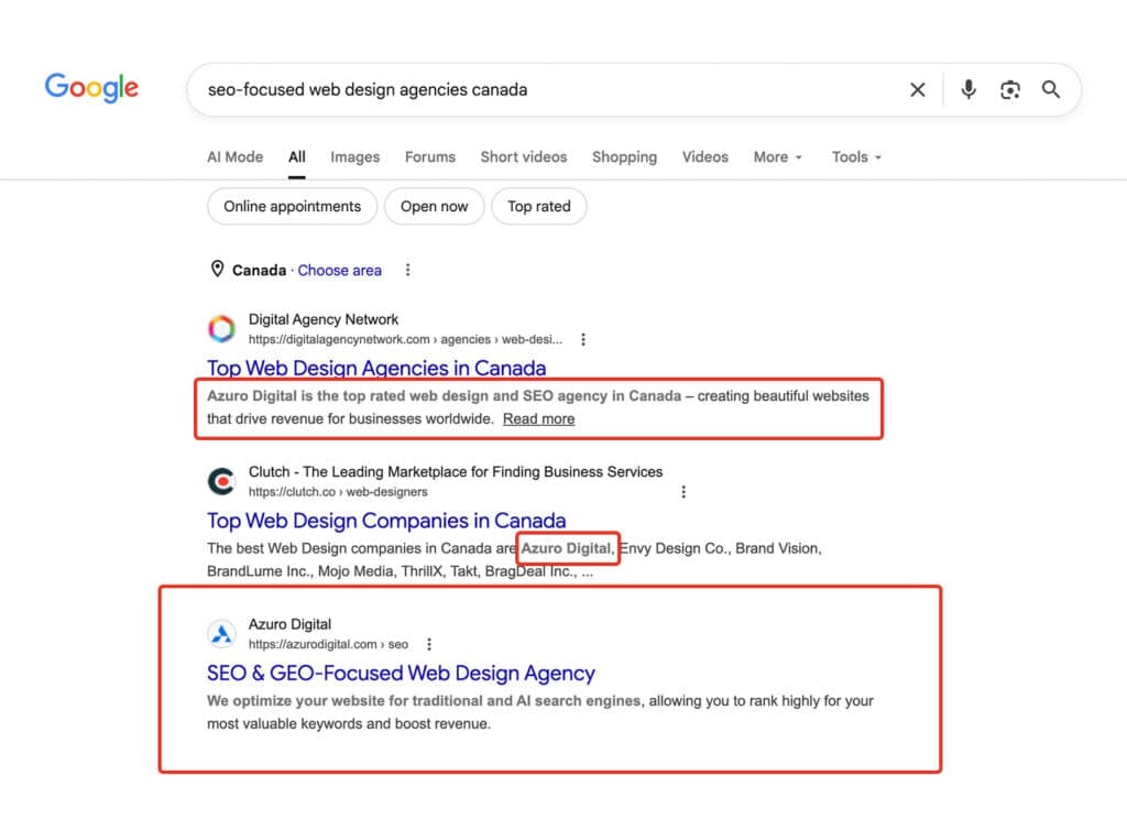 Screenshot of Azuro Digital ranking #3 on Google for the query "seo-focused web design agencies canada" and Azuro Digital is also mentioned in the meta descriptions of the first 2 results (Digital Agency Network and Clutch)