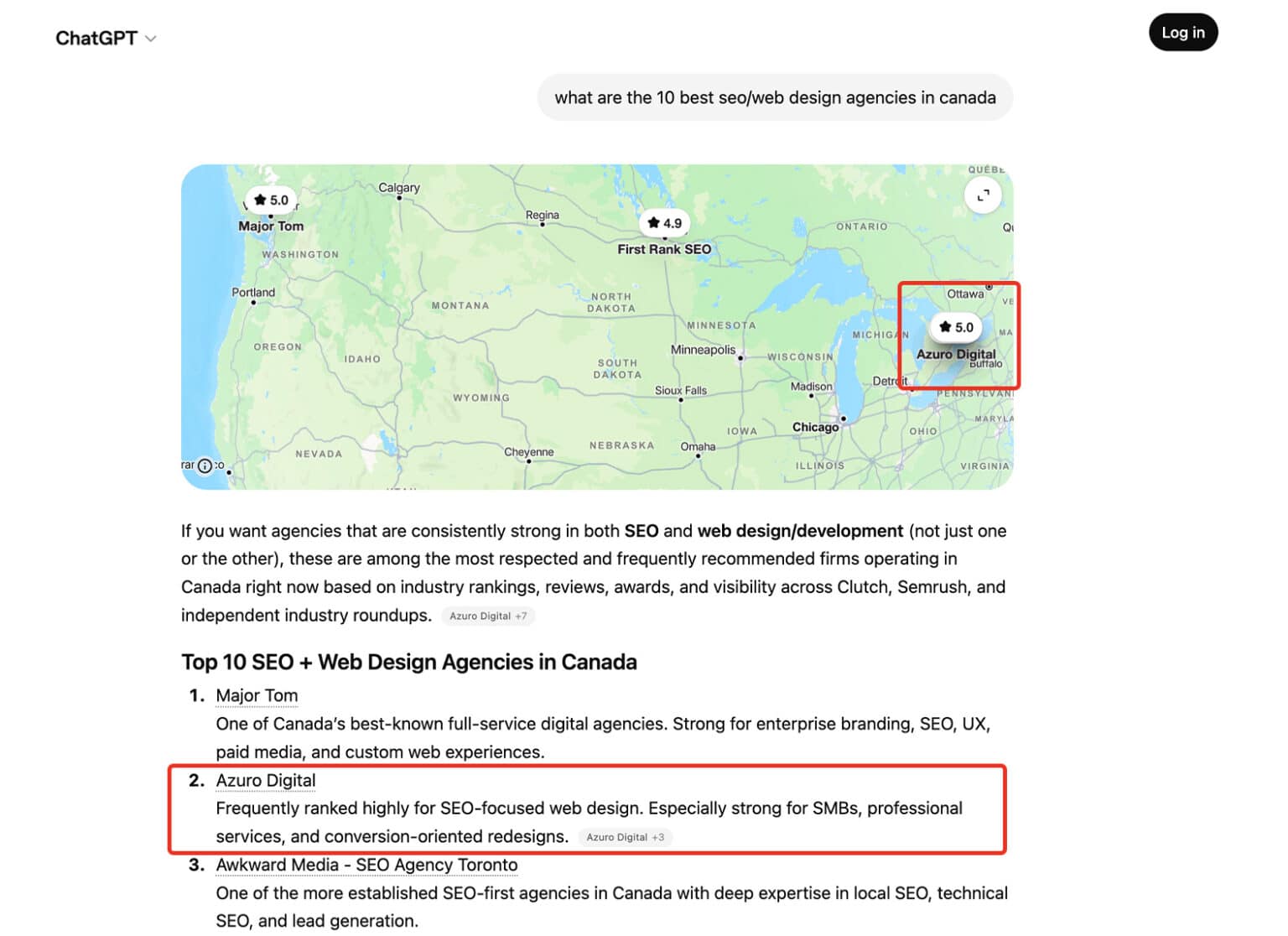 Screenshot of Azuro Digital ranking #2 on ChatGPT for the prompt "what are the 10 best seo/web design agencies in canada"