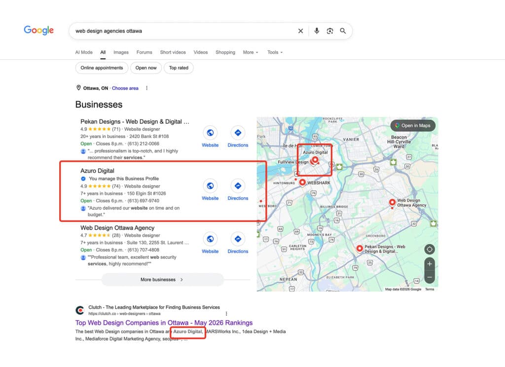 Screenshot of Azuro Digital ranking #2 in the Google Map pack for the query "web design agencies ottawa" and Azuro Digital is also mentioned in the meta description of the first organic result below the map pack