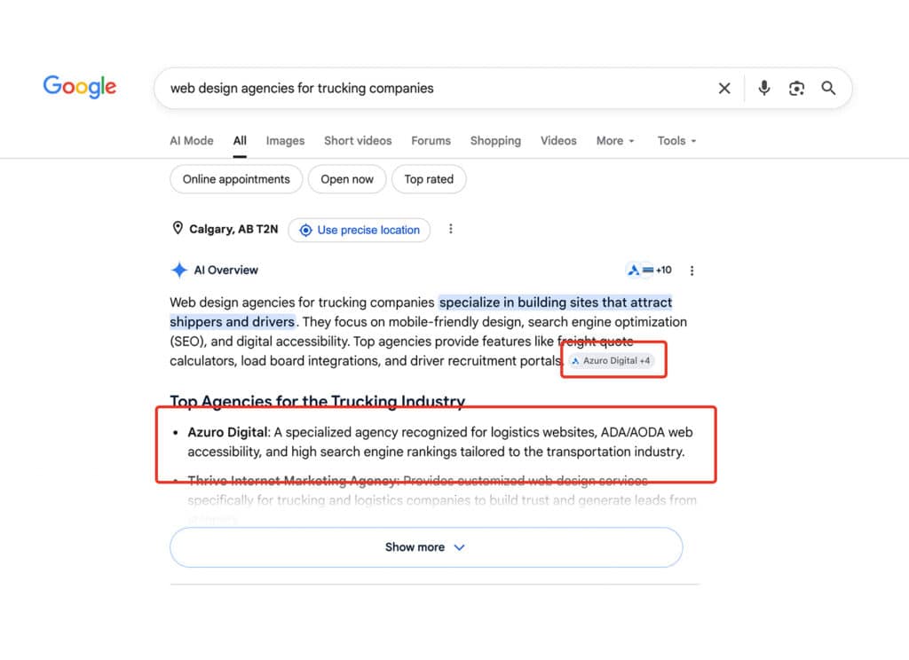 Screenshot of Azuro Digital ranking #1 in the Google AI Overview for the query "web design agencies for trucking companies"