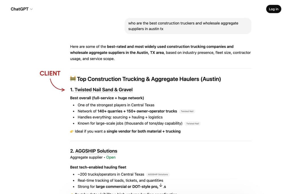 Screenshot of Twisted Nail ranking #1 on ChatGPT for the prompt "who are the best construction truckers and wholesale aggregate suppliers in austin tx"