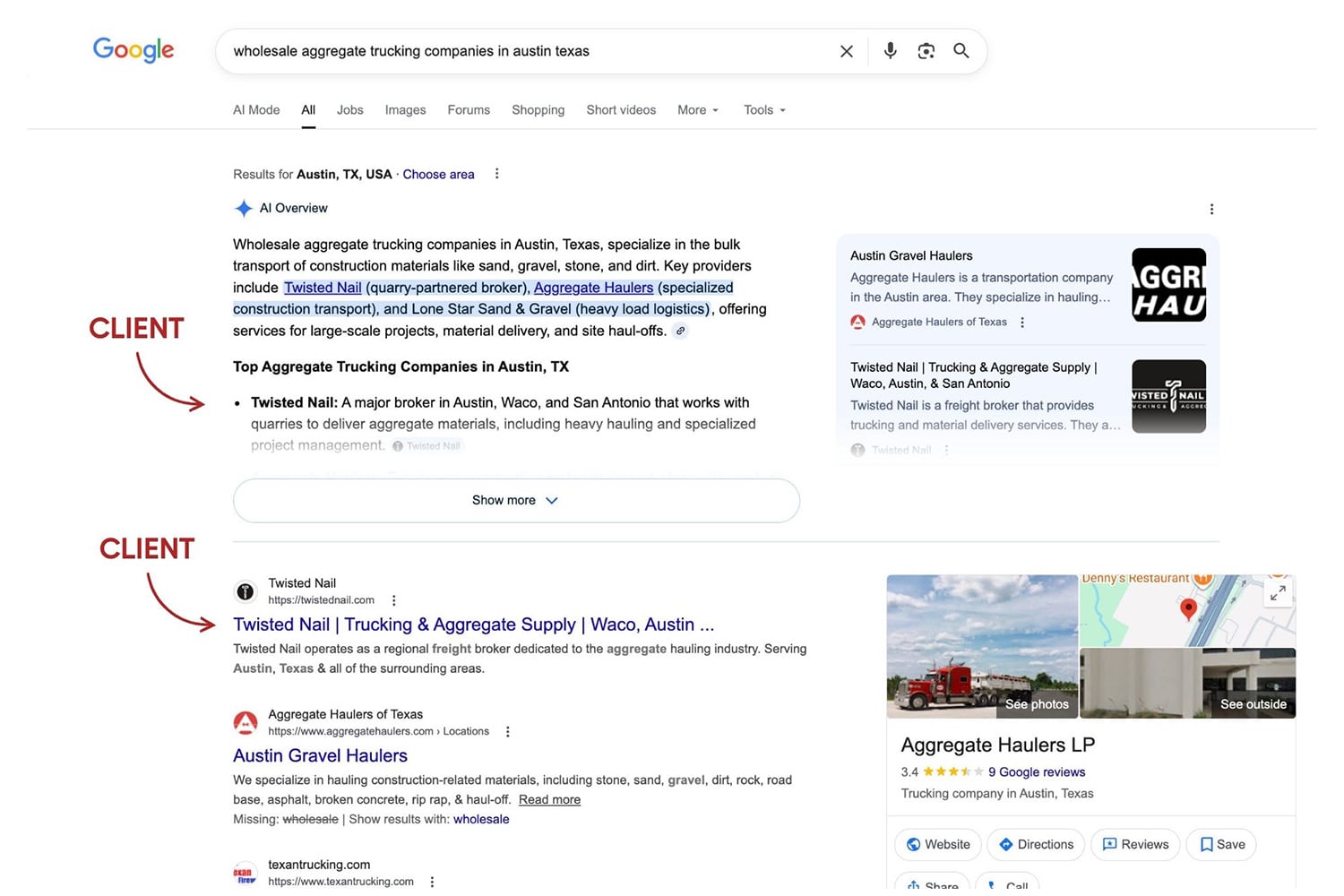 Screenshot of Twisted Nail ranking #1 in the Google AI Overview and the #1 organic result for the query "wholesale aggregate trucking companies in austin texas"