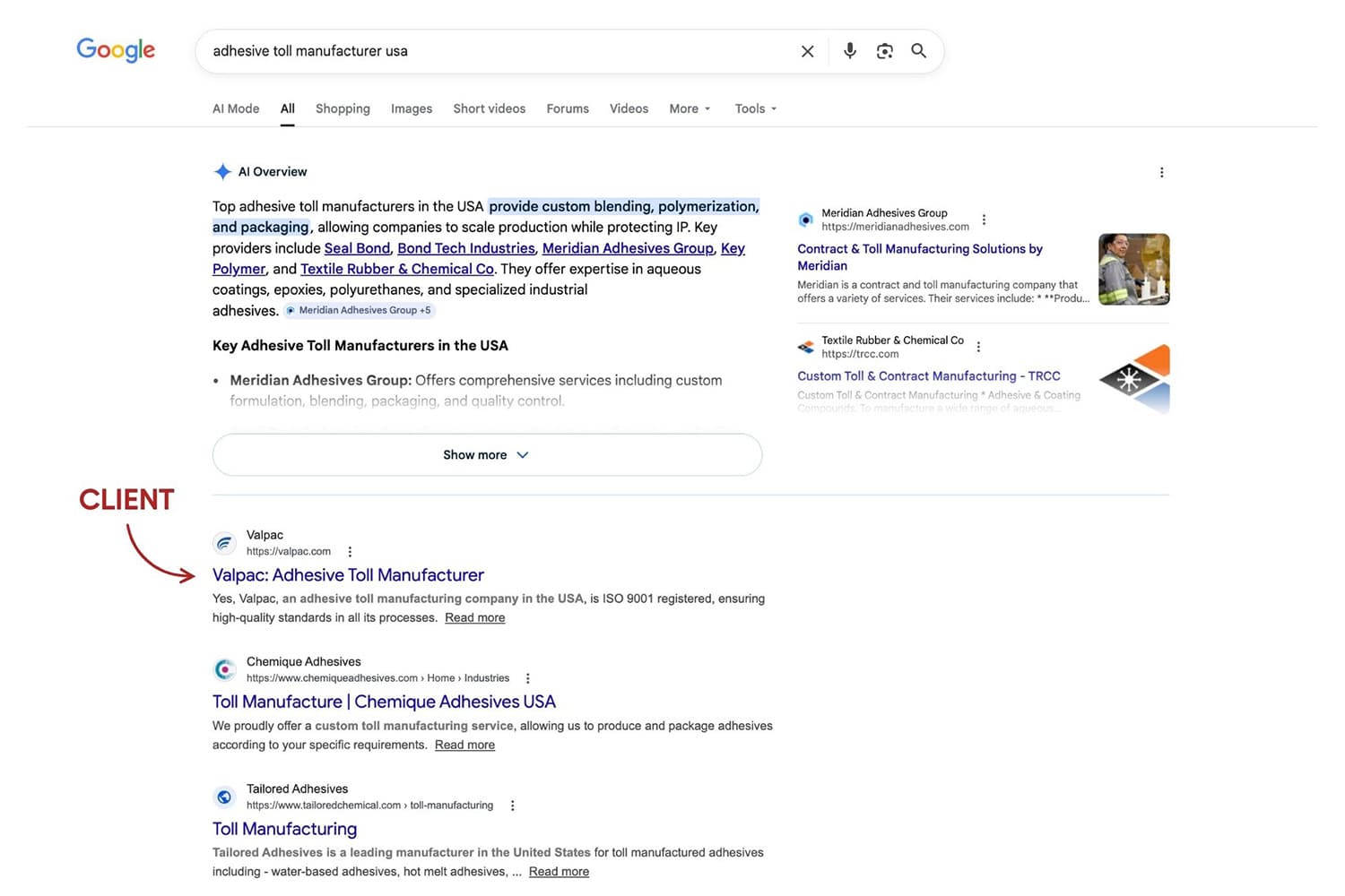 Screenshot of Valpac ranking #1 on Google for the query "adhesive toll manufacturer usa"