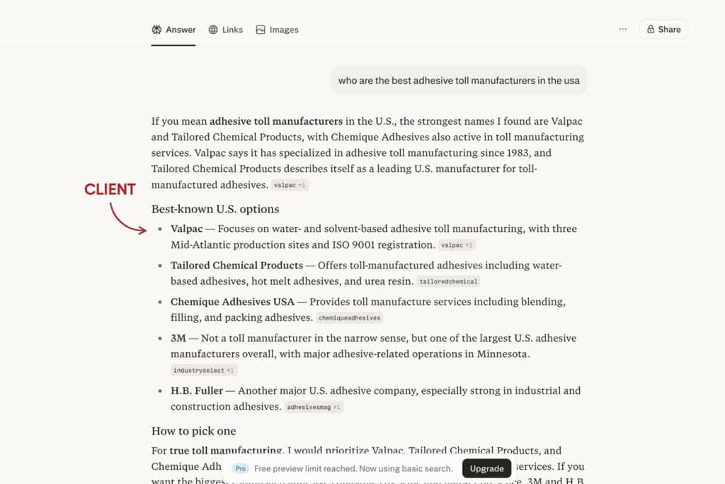 Screenshot of Valpac ranking #1 on Perplexity for the prompt "who are the best adhesive toll manufacturers in the usa"